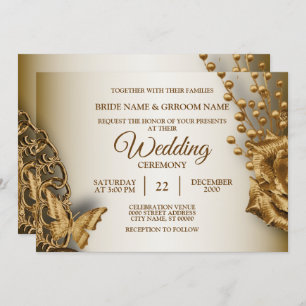 Wedding Golden Beige Floral Butterfly Vintage Invitation
