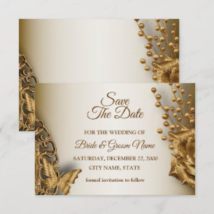 Wedding Golden Beige Floral Butterfly Vintage Save The Date
