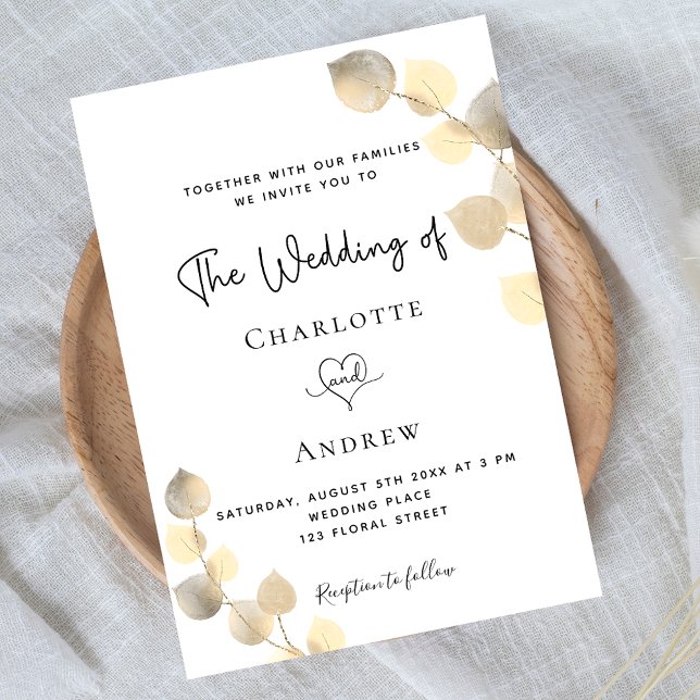 Wedding golden eucalyptus white gold luxury invitation (Creator Uploaded)