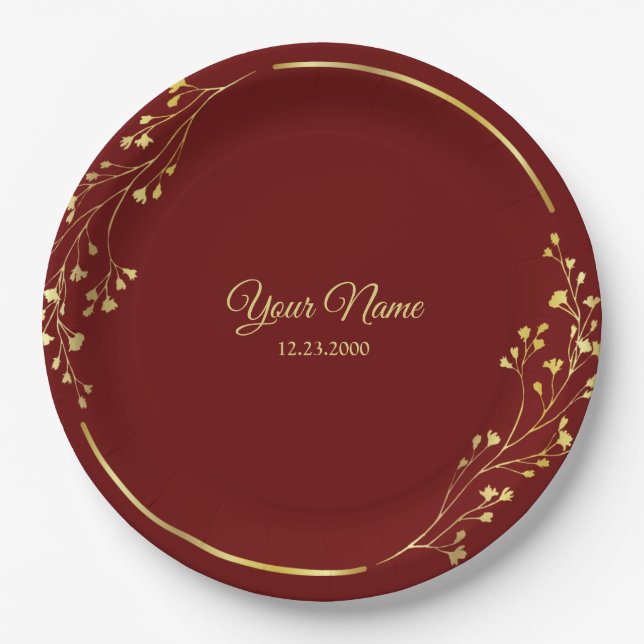 Wedding Golden Floral Geometric Wreath Red Party Paper Plate (Front)