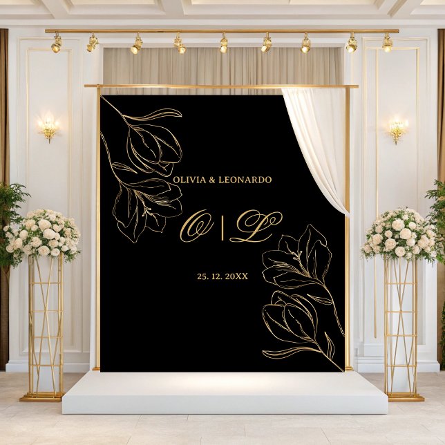 Wedding Golden Floral On Black Background Backdrop Tapestry (Creator Uploaded)