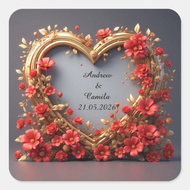 Wedding Golden Heart Frame Square Sticker (Front)