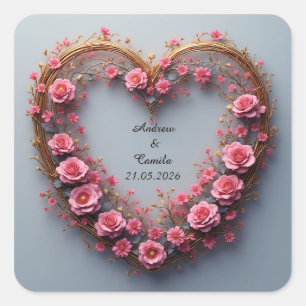 Wedding Golden Heart Frame Square Sticker