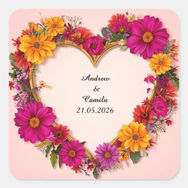 Wedding Golden Heart Frame Square Sticker (Front)