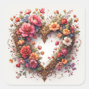 Wedding Golden Heart Frame Square Sticker