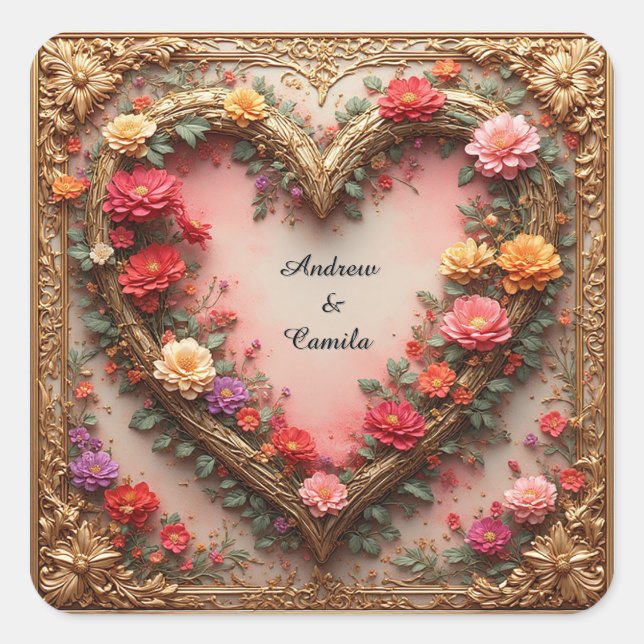 Wedding Golden Heart Frame Square Sticker (Front)
