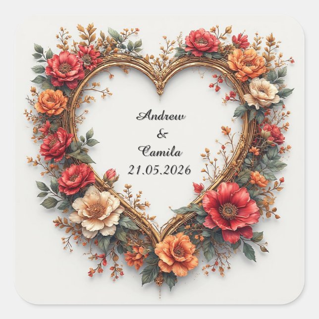 Wedding Golden Heart Frame Square Sticker (Front)