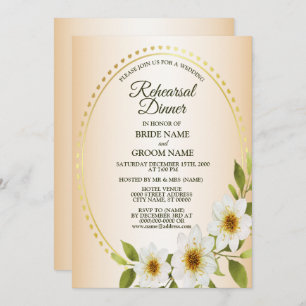 Wedding Golden White Floral Peach Rehearsal Dinner Invitation