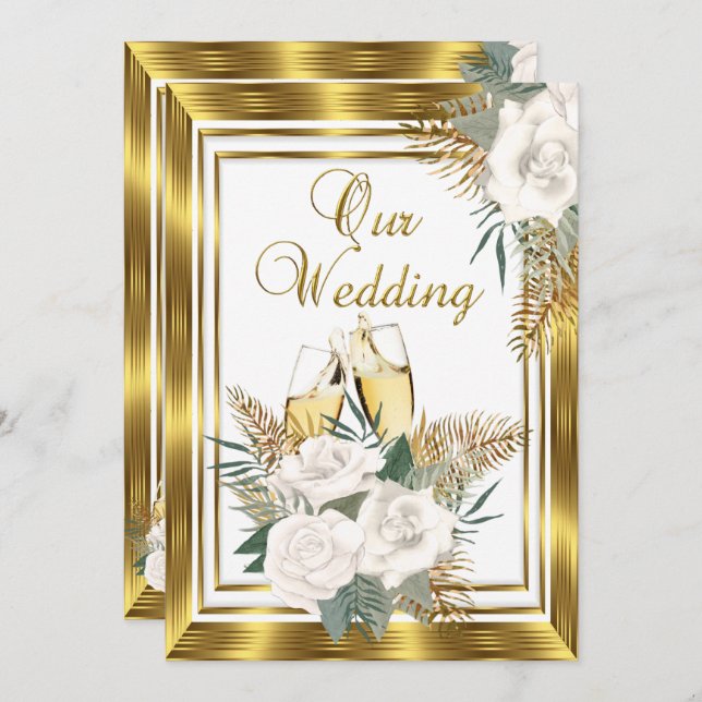Wedding Golden White Rose Champagne Gold 2 Invitation (Front/Back)