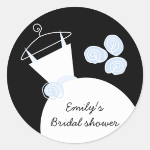 Wedding Gown Blue 'Bridal Shower' round black Classic Round Sticker
