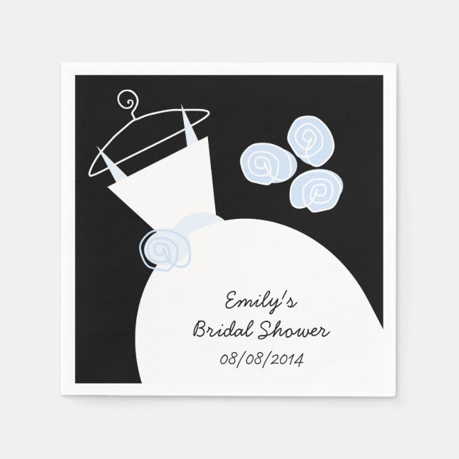 Wedding Gown Blue bridal shower 'Text' black Napkin (Front)