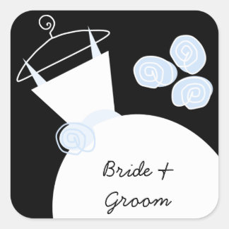 Wedding Gown Blue 'Bride and Groom' square black Sticker