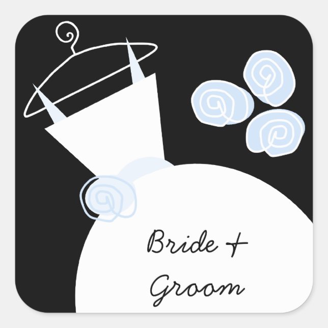Wedding Gown Blue 'Bride and Groom' square black Sticker (Front)