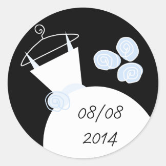 Wedding Gown Blue 'Date' round black Classic Round Sticker
