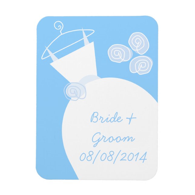 Wedding Gown Blue 'Names and Date' fridge magnet (Vertical)