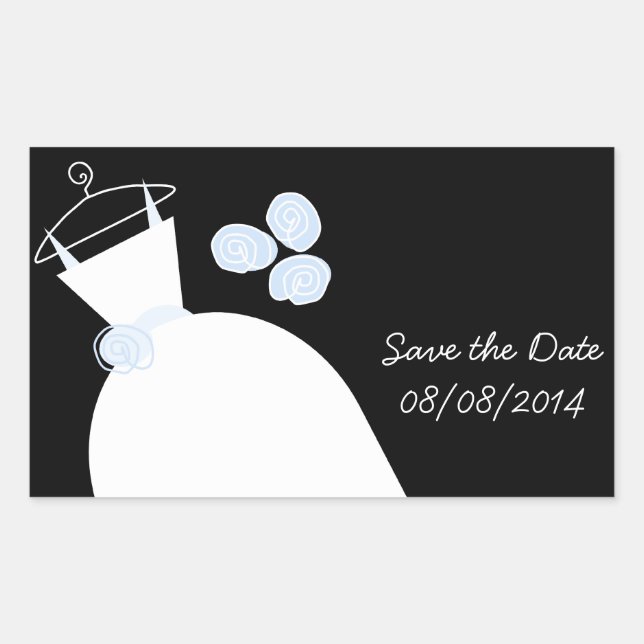 Wedding Gown Blue Save the Date rectangle black Rectangular Sticker (Front)