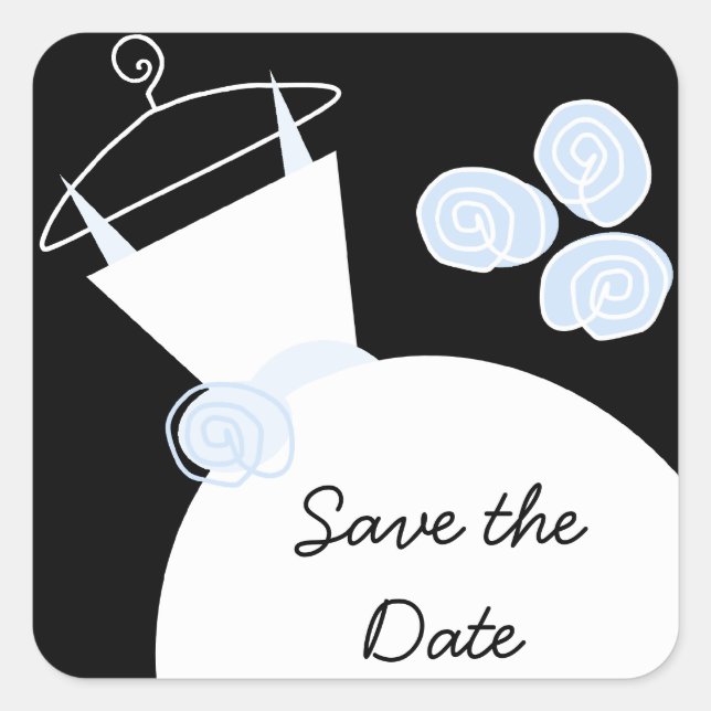 Wedding Gown Blue 'Save the Date' square black Sticker (Front)