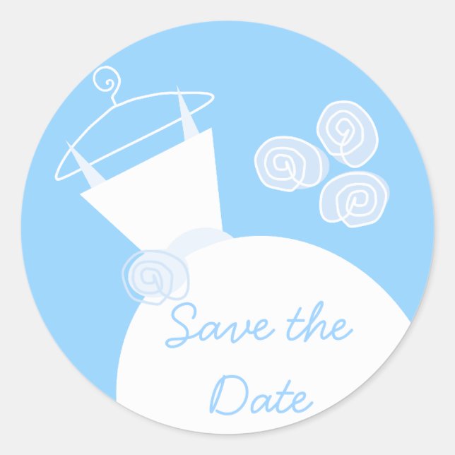 Wedding Gown Blue 'Save the Date' sticker round (Front)