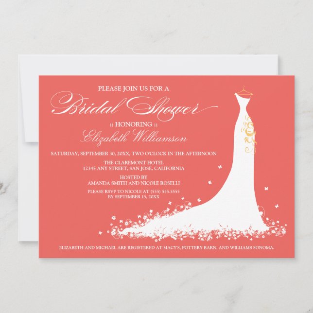 Wedding Gown Bridal Party Invitation (coral) (Front)