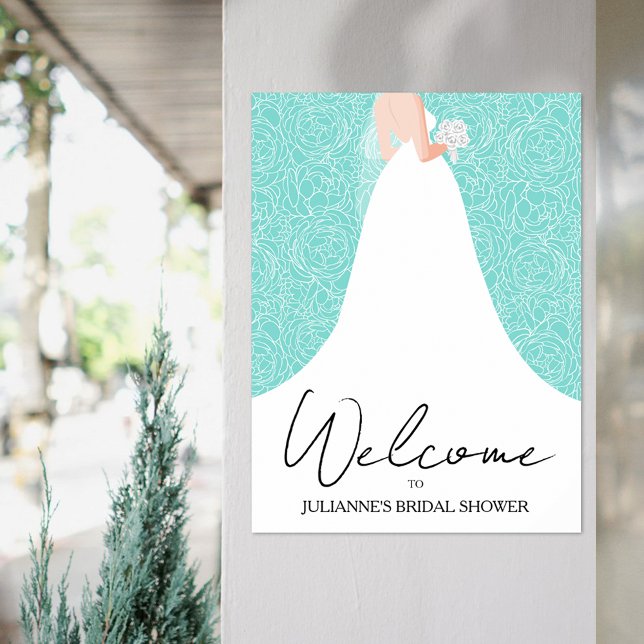 Wedding Gown Bridal Shower Turquoise Welcome Poster (Bride in wedding gown on floral over turquoise bridal shower welcome poster, INSTANT DOWNLOAD, too)