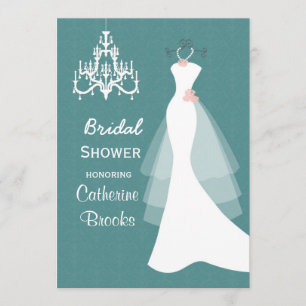 Wedding gown, Chandelier  on teal Bridal shower Invitation