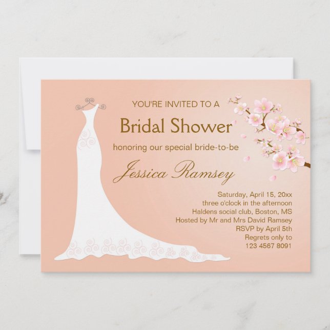 Wedding gown, cherry blossom Bridal Shower Invitation (Front)