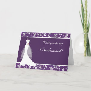Wedding gown, damask on purple Bridesmaid Invitation
