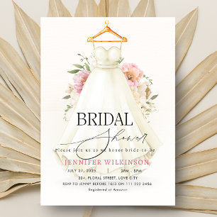 Wedding Gown Dress Pink Floral Bridal Shower Invitation