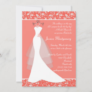 Wedding gown on coral pink Bridal Shower Invite