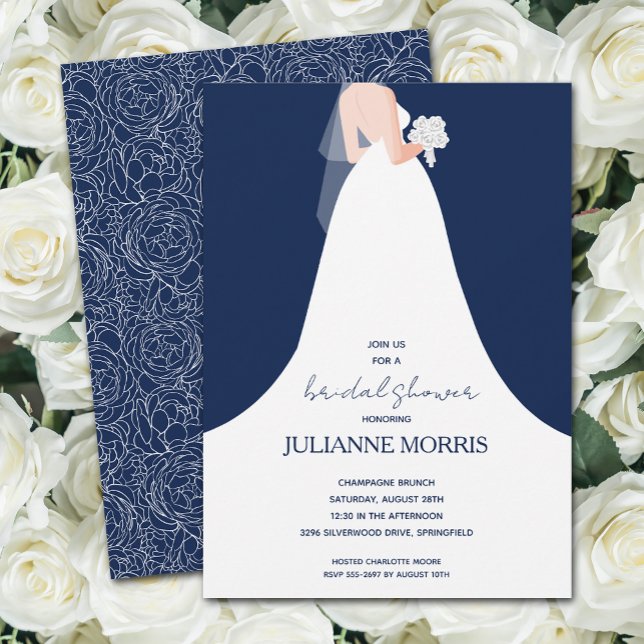 Wedding Gown on Navy Blue Bridal Shower Invitation (Creator Uploaded)