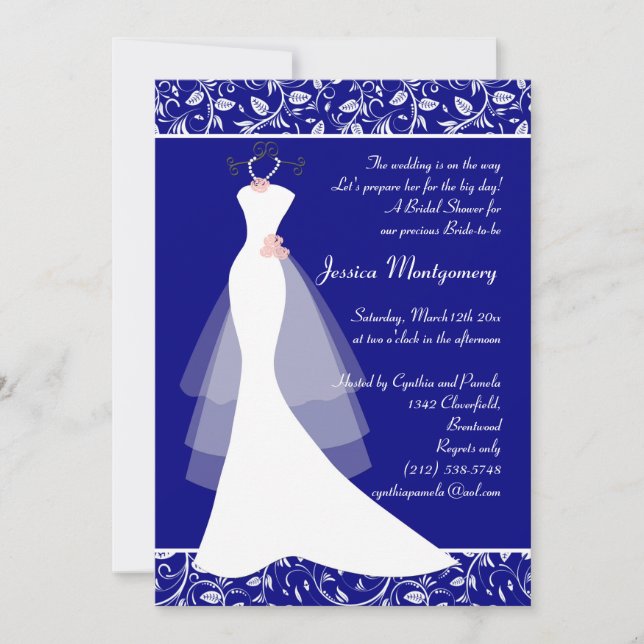 Wedding gown on royal blue Bridal Shower Invite (Front)