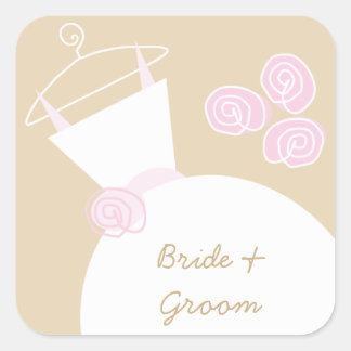 Wedding Gown Pink Beige 'Bride and Groom' Square Sticker