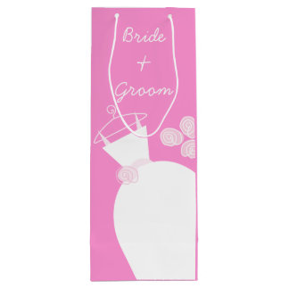 Wedding Gown Pink Bride and Groom wine Gift Bag