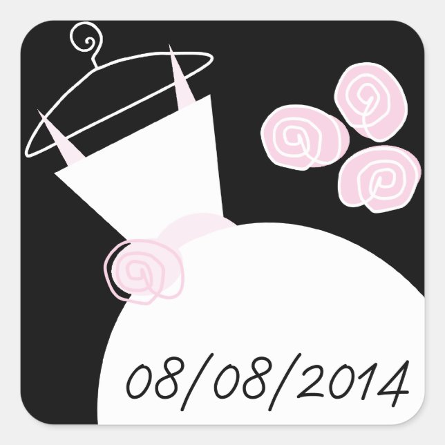 Wedding Gown Pink 'Date' square black Sticker (Front)