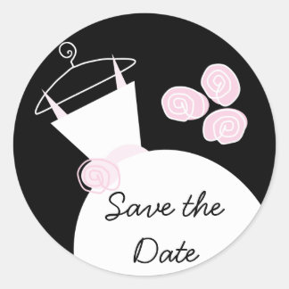 Wedding Gown Pink 'Save the Date' round black Classic Round Sticker