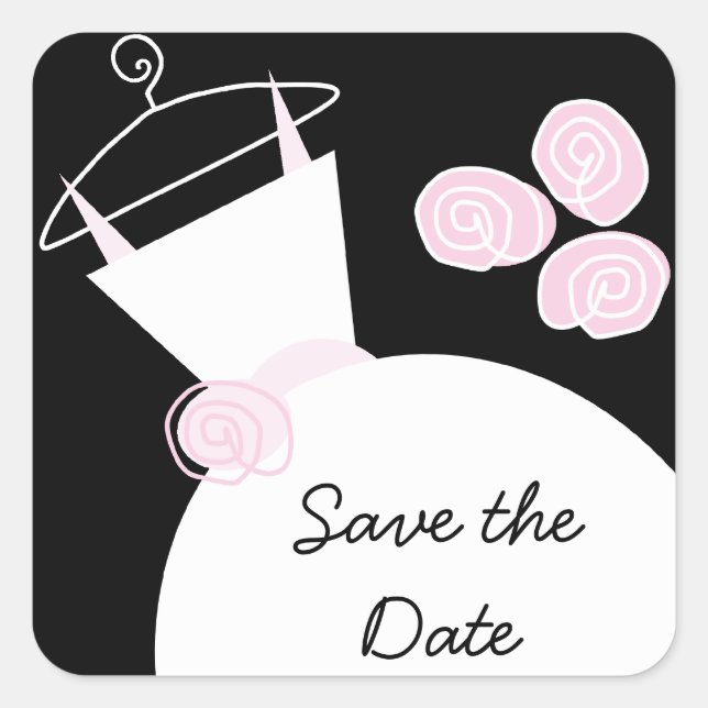Wedding Gown Pink 'Save the Date' square black Sticker (Front)