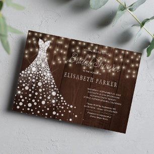 Wedding gown rustic barn wood bridal shower invitation