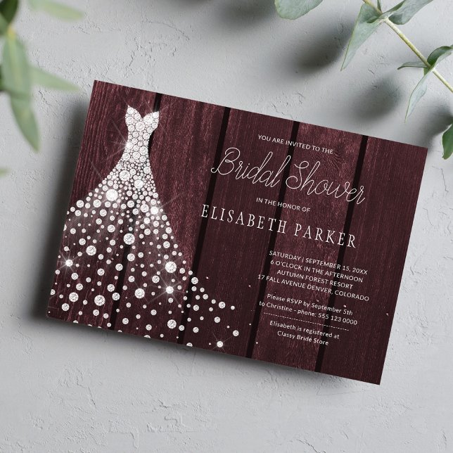 Wedding gown rustic wood burgundy bridal shower invitation (Creator Uploaded)