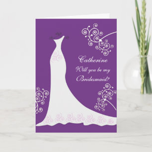 Wedding gown, swirls on purple Bridesmaid Invitation