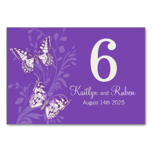 Wedding graphic butterflies name date purple table number