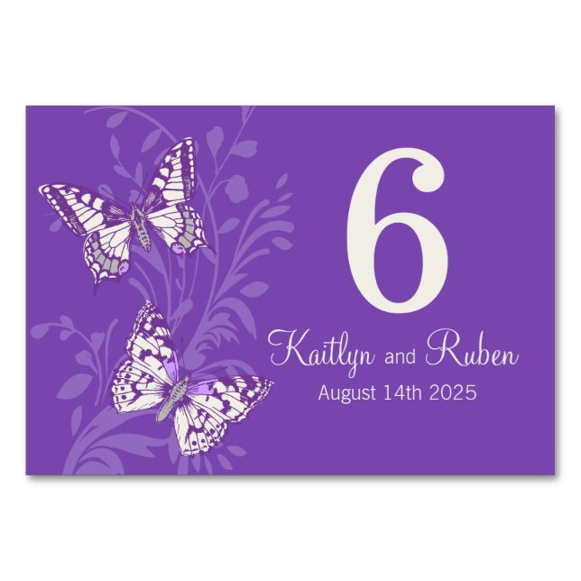Wedding graphic butterflies name date purple table number (Back)