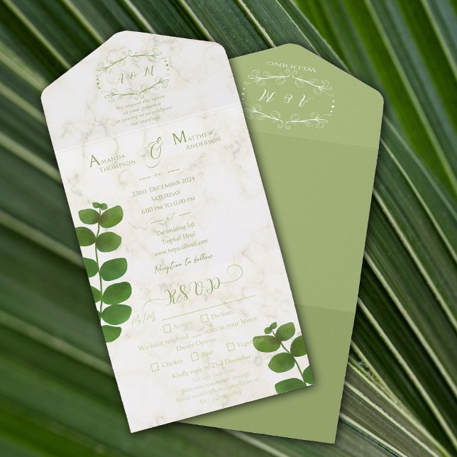 Wedding Green All In One Invitation (Chic simple all-in-one invitation card.)
