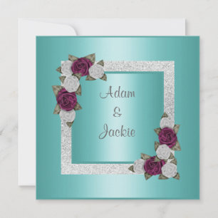 Wedding green glitter floral silver invitation new