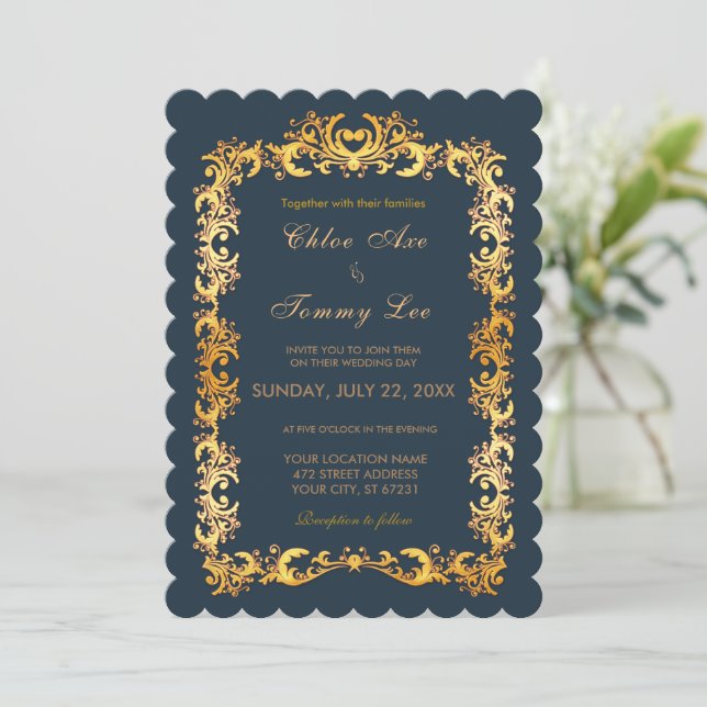 Wedding green Gold border Invitation (Standing Front)