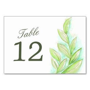 Wedding green leaves watercolor table numbers
