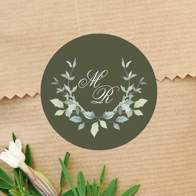 Wedding Green Monogram Classic Custom Round Sticker (Elegant wedding green sticker template.)