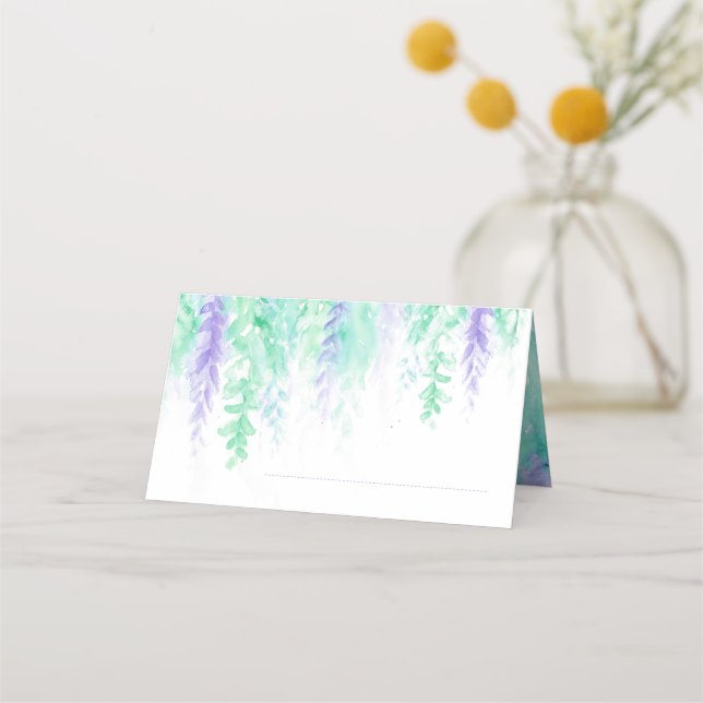 Wedding green purple vine cascade place card (Front)