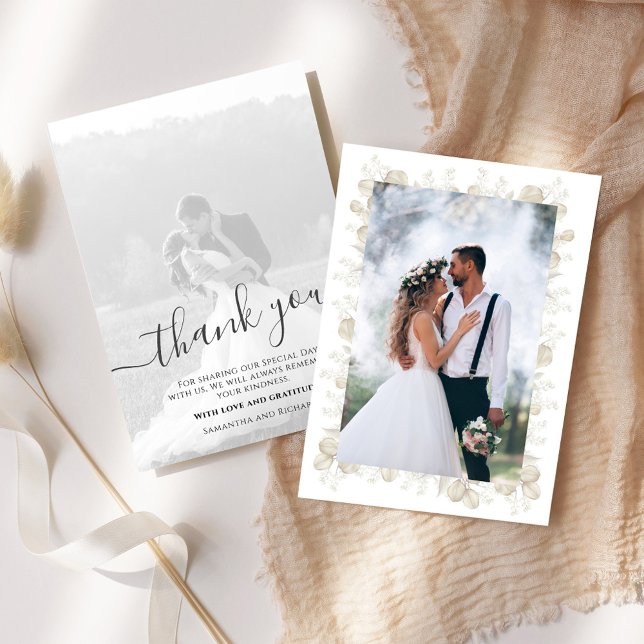 Wedding Greenery Calligraphy Script 2 Photo Thank You Card (Elegant wedding thank you card with a 2 photo template)
