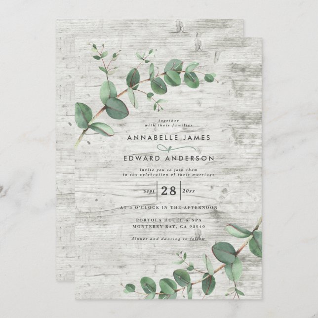 Wedding greenery Eucalyptus botanical white wood Invitation (Front/Back)