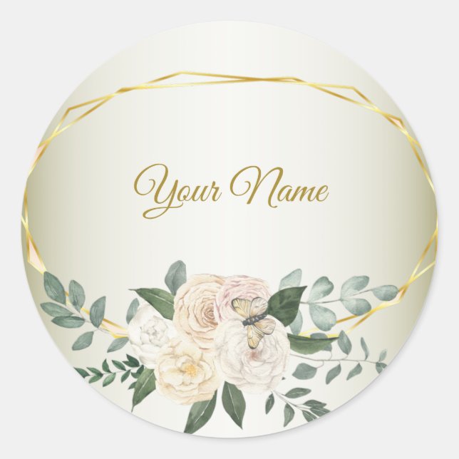 Wedding Greenery Leaves Pink Floral Gold Geometric Classic Round Sticker (Front)